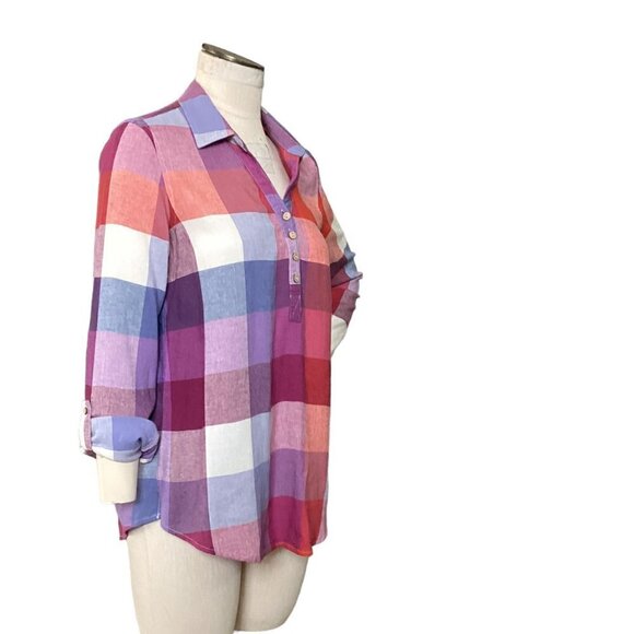 MULTIPLES Sweet Heart Plaid Tunic Top Linen Rayon Sz XS #228E - Picture 6 of 9